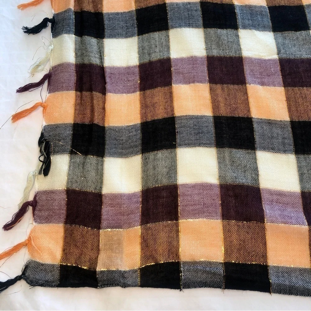 Forever 21 Scarf Buffalo Check Ivory Black Orange Metallic Thread Fringed
